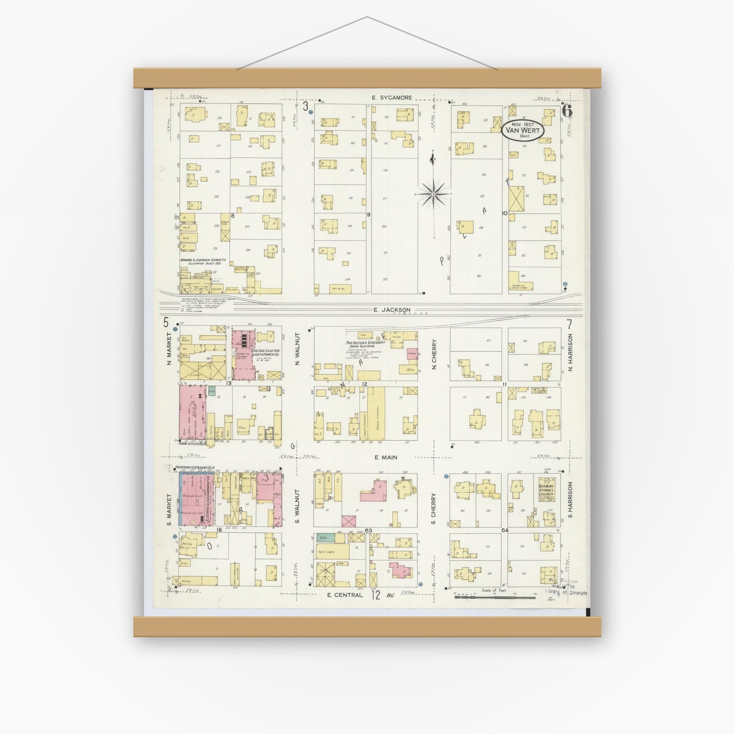 Old map wall art mockup — magnetic wood frame on white wall — Sanborn Fire Insurance Map from Van Wert, Van Wert County, Ohio (1907), Sheet #0006