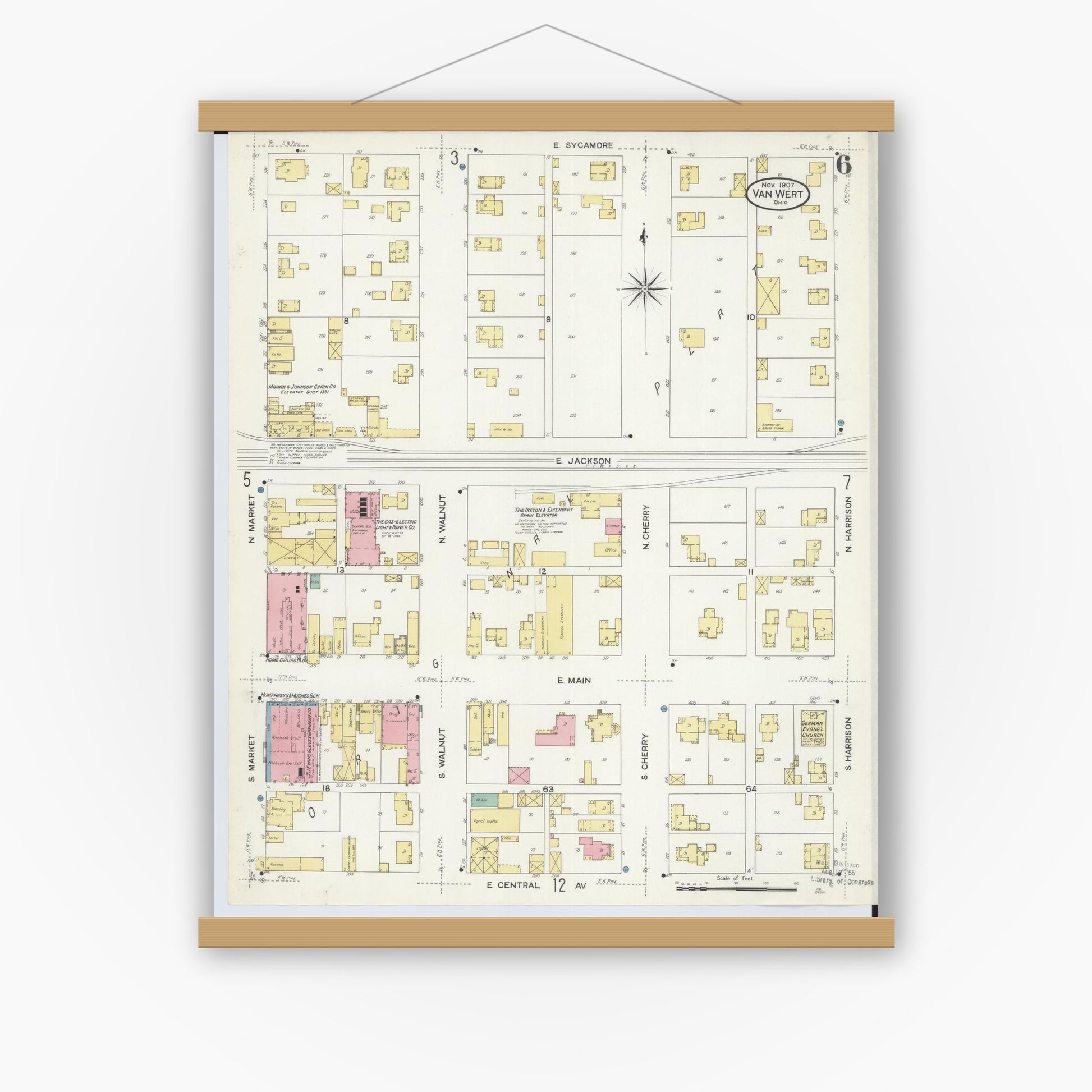 Old map wall art mockup — magnetic wood frame on white wall — Sanborn Fire Insurance Map from Van Wert, Van Wert County, Ohio (1907), Sheet #0006
