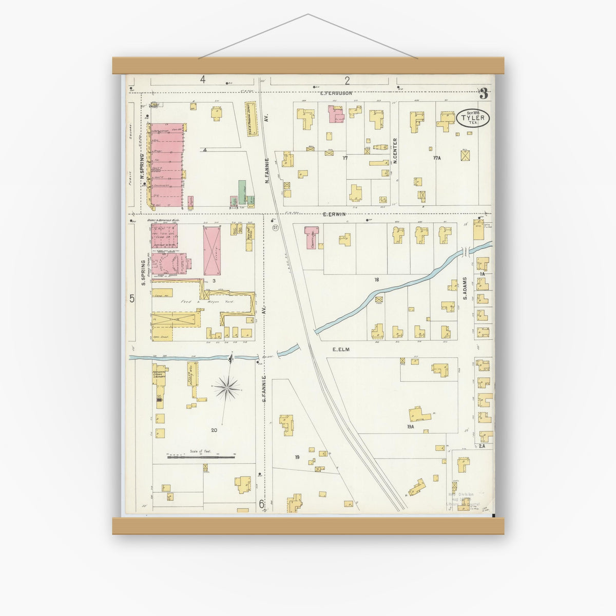 Old map wall art mockup — magnetic wood frame on white wall — Sanborn Fire Insurance Map from Tyler, Smith County, Texas (1898), Sheet #0003