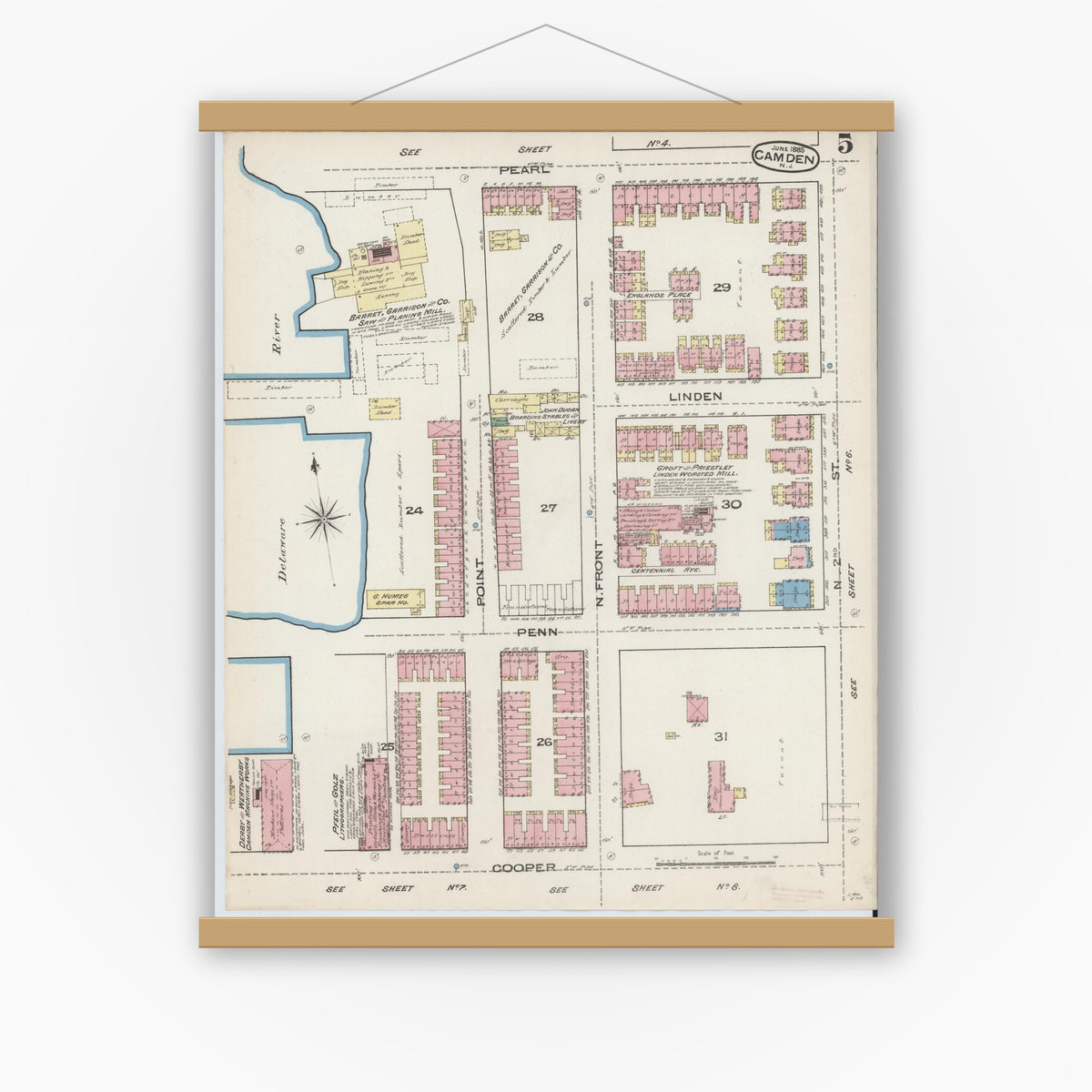 Old map wall art mockup — magnetic wood frame on white wall — Sanborn Fire Insurance Map from Camden, Camden County, New Jersey (1885), Sheet #0005
