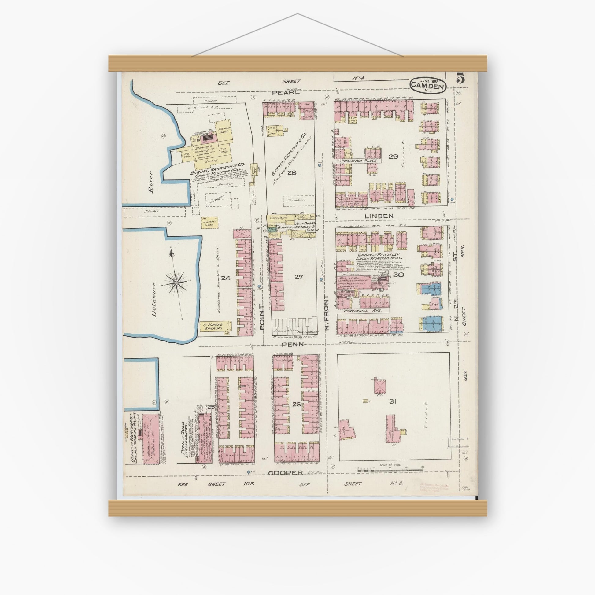 Old map wall art mockup — magnetic wood frame on white wall — Sanborn Fire Insurance Map from Camden, Camden County, New Jersey (1885), Sheet #0005