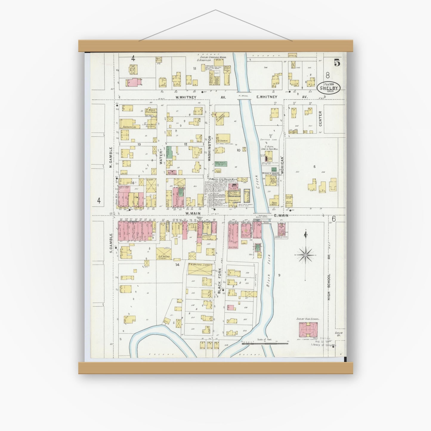 Old map wall art mockup — magnetic wood frame on white wall — Sanborn Fire Insurance Map from Shelby, Richland County, Ohio (1899), Sheet #0005