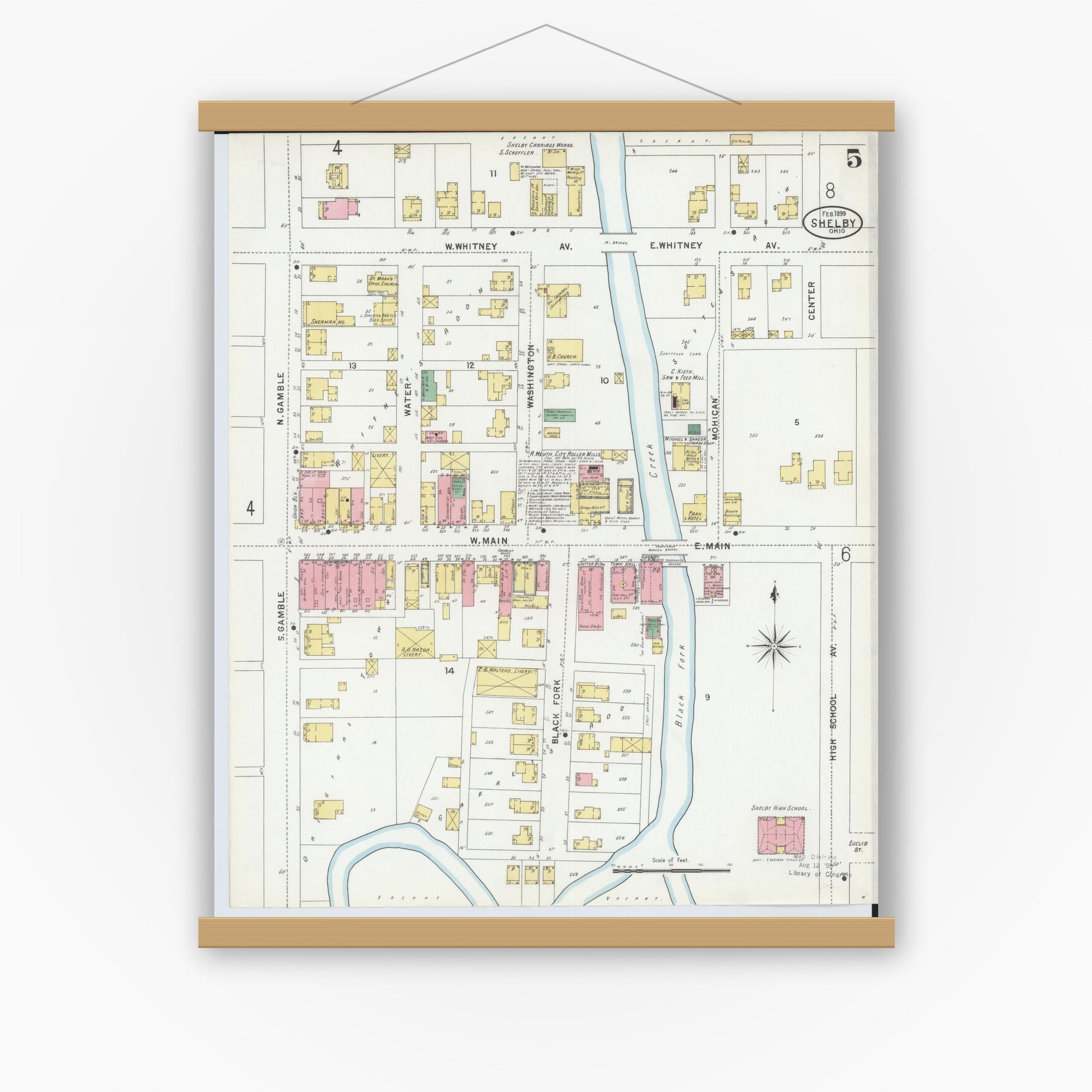 Old map wall art mockup — magnetic wood frame on white wall — Sanborn Fire Insurance Map from Shelby, Richland County, Ohio (1899), Sheet #0005