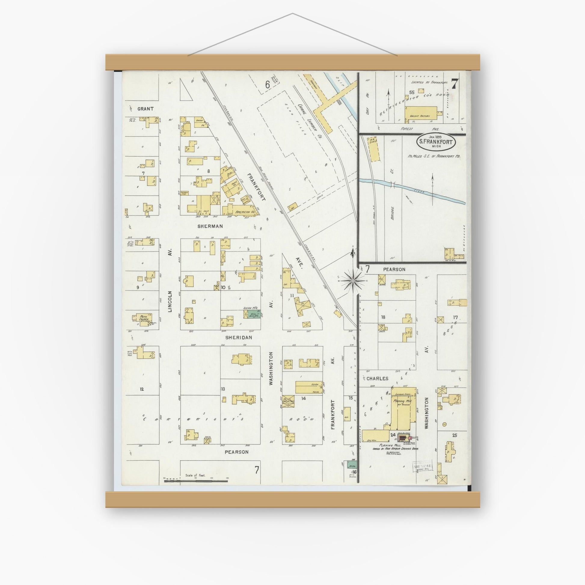 Old map wall art mockup — magnetic wood frame on white wall — Sanborn Fire Insurance Map from Frankfort, Benzie County, Michigan (1899), Sheet #0007