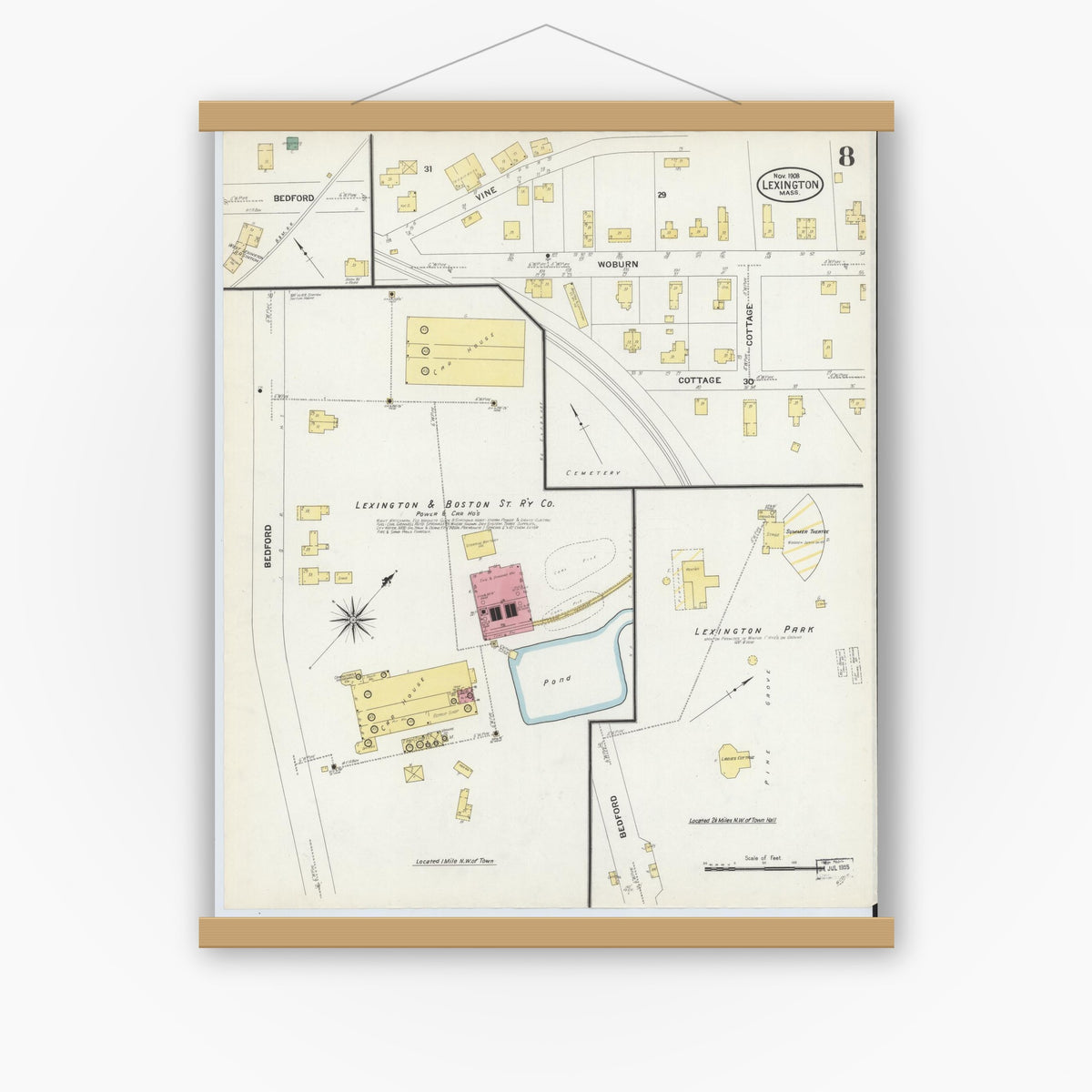 Old map wall art mockup — magnetic wood frame on white wall — Sanborn Fire Insurance Map from Lexington, Middlesex County, Massachusetts (1908), Sheet #0008