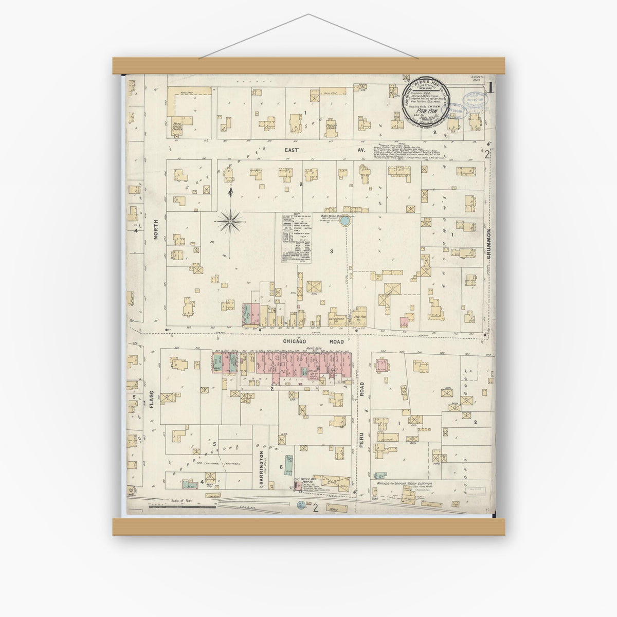 Old map wall art mockup — magnetic wood frame on white wall — Sanborn Fire Insurance Map from Paw Paw, Lee County, Illinois (1897) - Complete Map Set