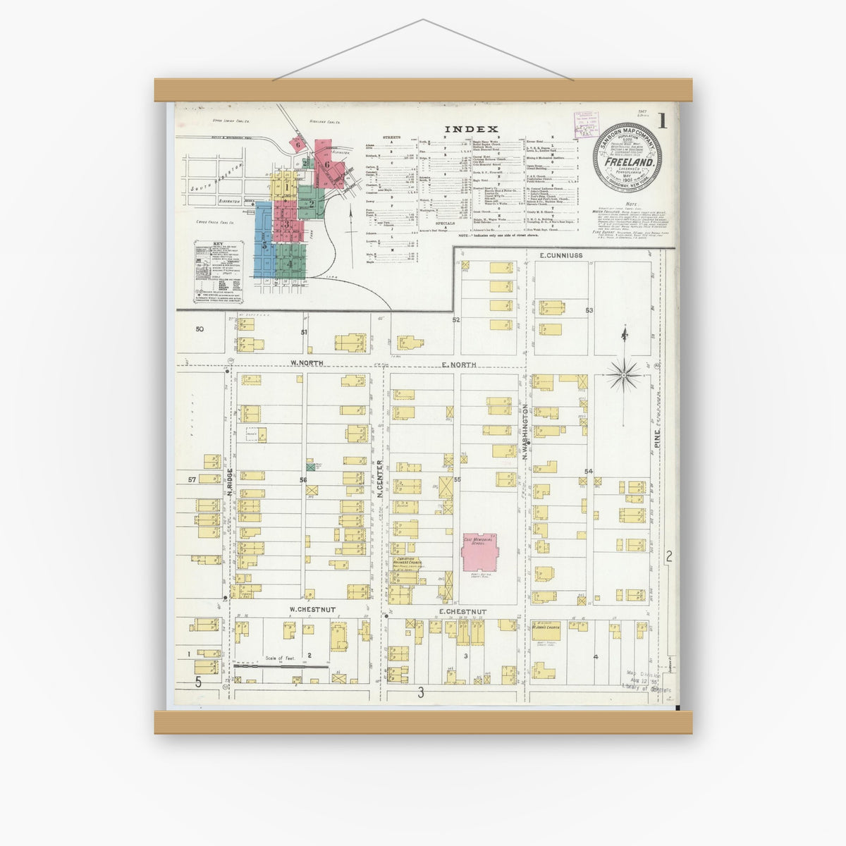 Old map wall art mockup — magnetic wood frame on white wall — Sanborn Fire Insurance Map from Freeland, Luzerne County, Pennsylvania (1905), Sheet #0001