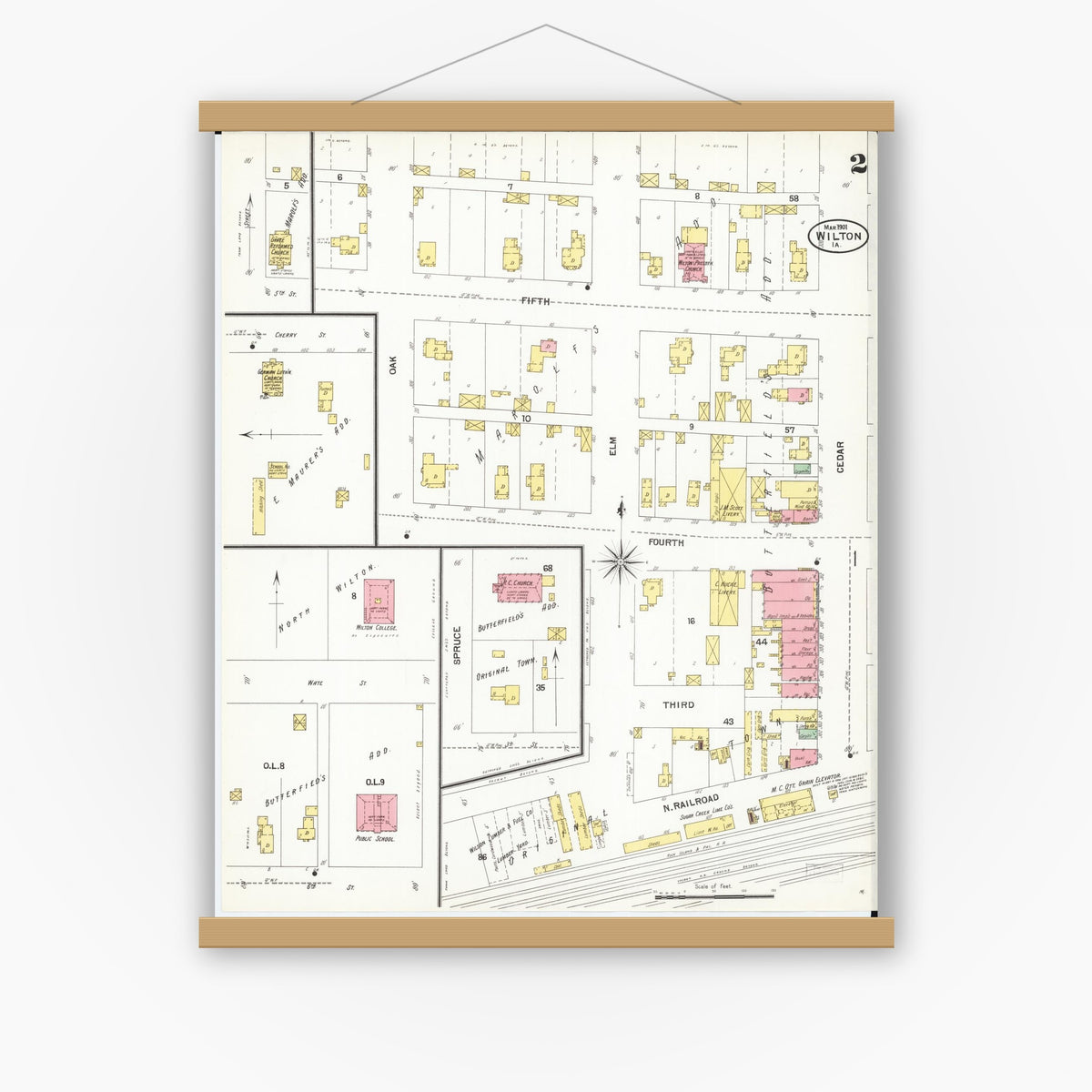 Old map wall art mockup — magnetic wood frame on white wall — Sanborn Fire Insurance Map from Wilton Junction, Muscatine County, Iowa (1901), Sheet #0002
