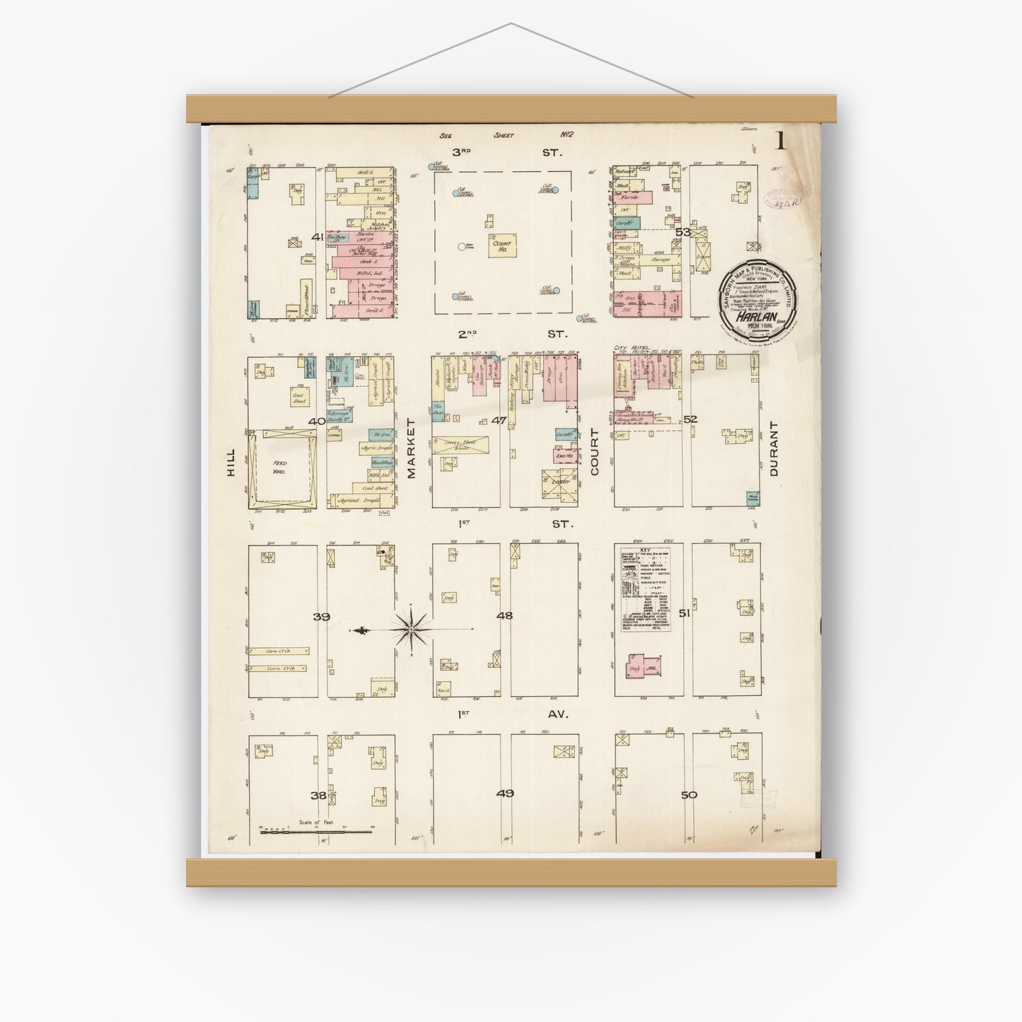 Old map wall art mockup — magnetic wood frame on white wall — Sanborn Fire Insurance Map from Harlan, Shelby County, Iowa (1886) â€” Complete Set