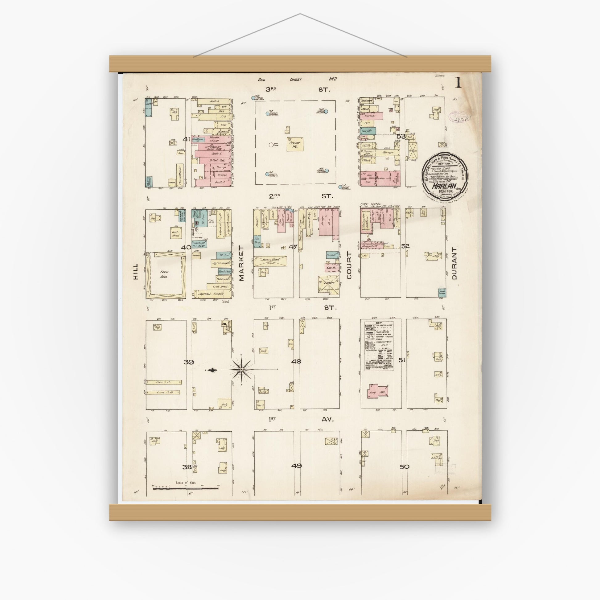Old map wall art mockup — magnetic wood frame on white wall — Sanborn Fire Insurance Map from Harlan, Shelby County, Iowa (1886) â€” Complete Set