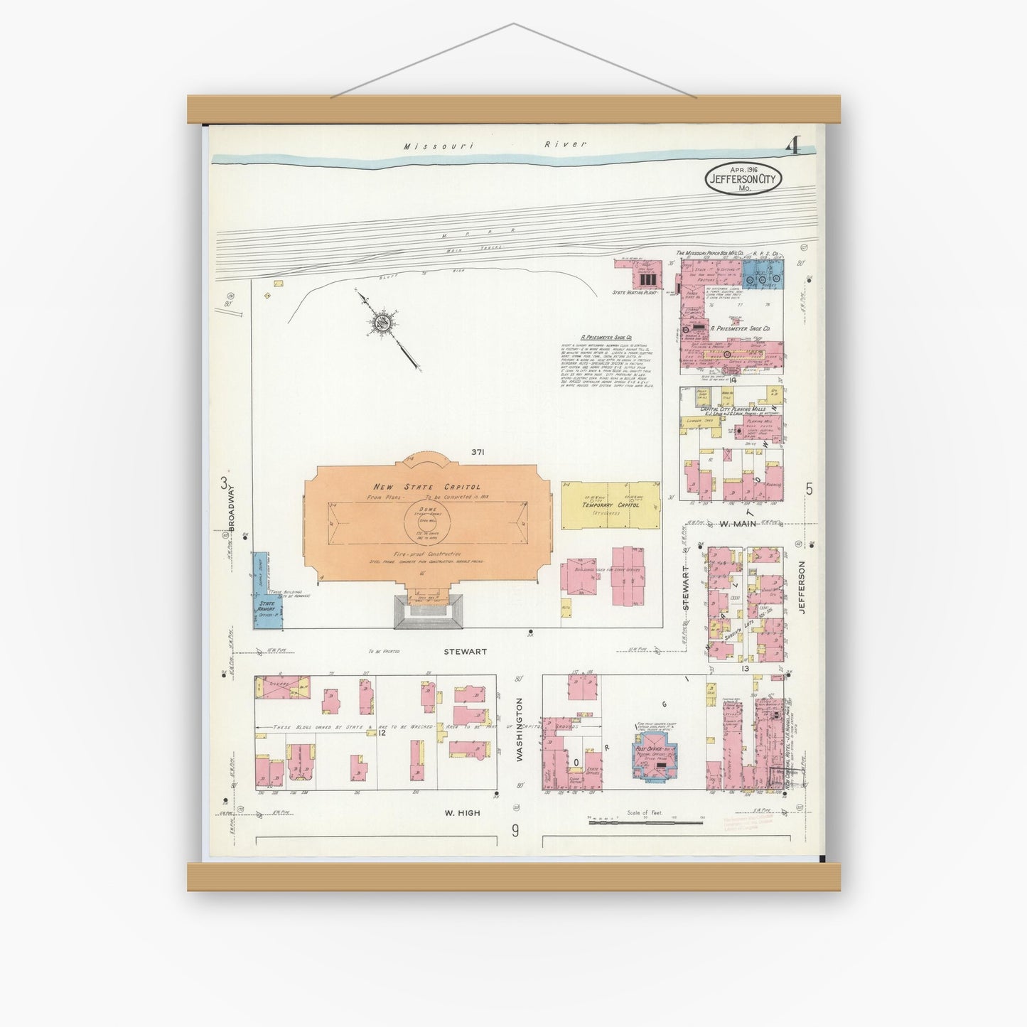 Old map wall art mockup — magnetic wood frame on white wall — Sanborn Fire Insurance Map from Jefferson City, Cole County, Missouri (1916), Sheet #0004