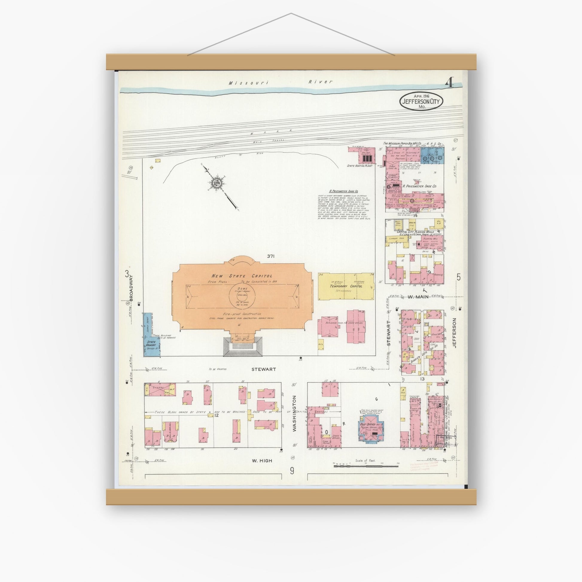 Old map wall art mockup — magnetic wood frame on white wall — Sanborn Fire Insurance Map from Jefferson City, Cole County, Missouri (1916), Sheet #0004
