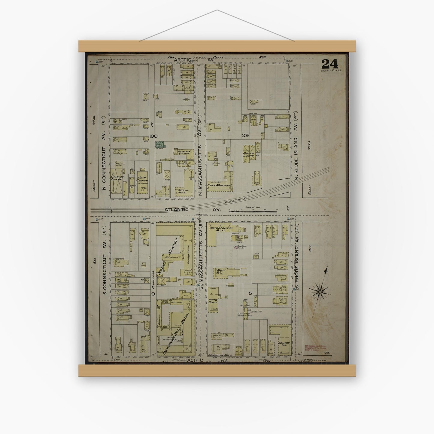 Old map wall art mockup — magnetic wood frame on white wall — Sanborn Fire Insurance Map from Atlantic City, Atlantic County, New Jersey (1886), Sheet #0024
