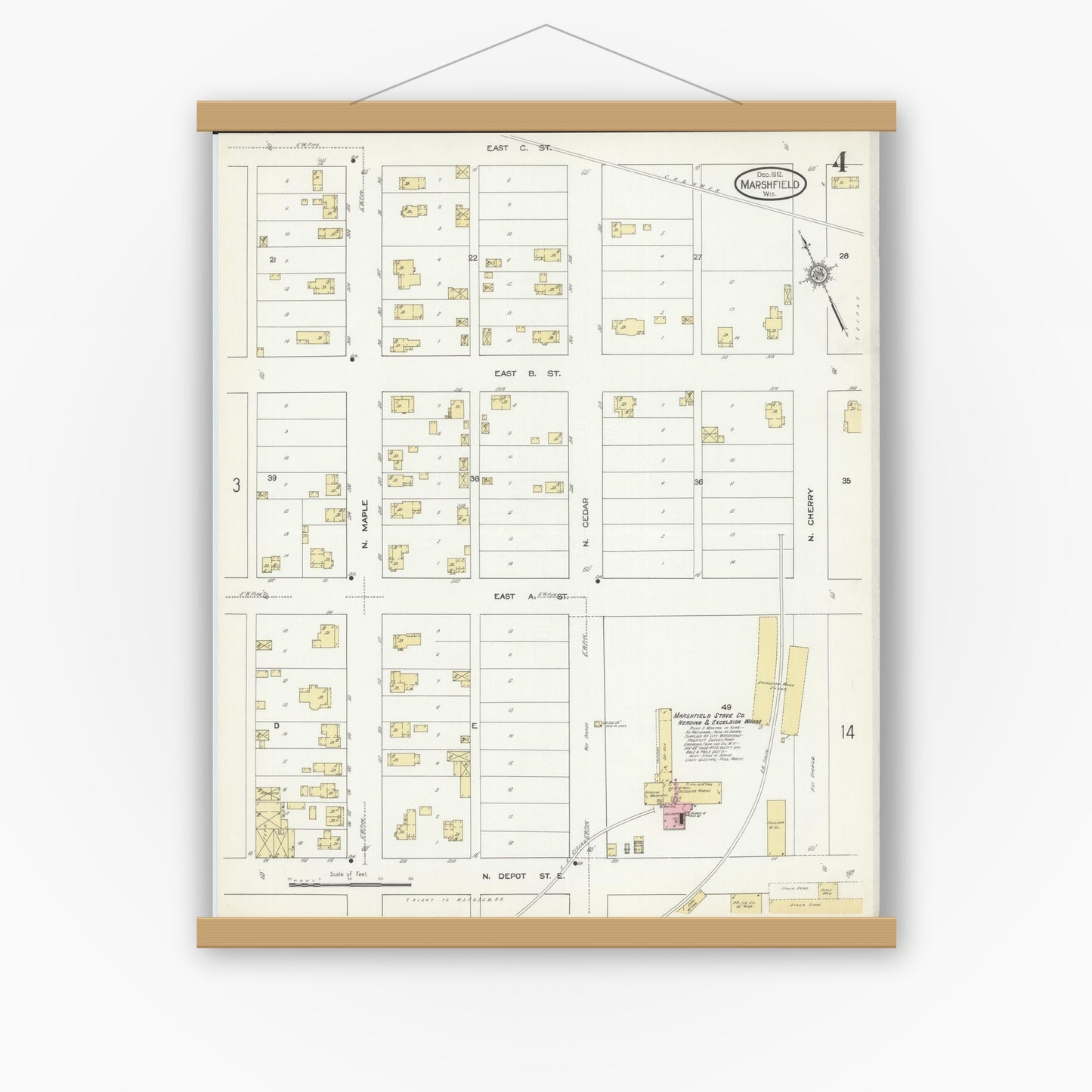 Old map wall art mockup — magnetic wood frame on white wall — Sanborn Fire Insurance Map from Marshfield, Wood County, Wisconsin (1912), Sheet #0004