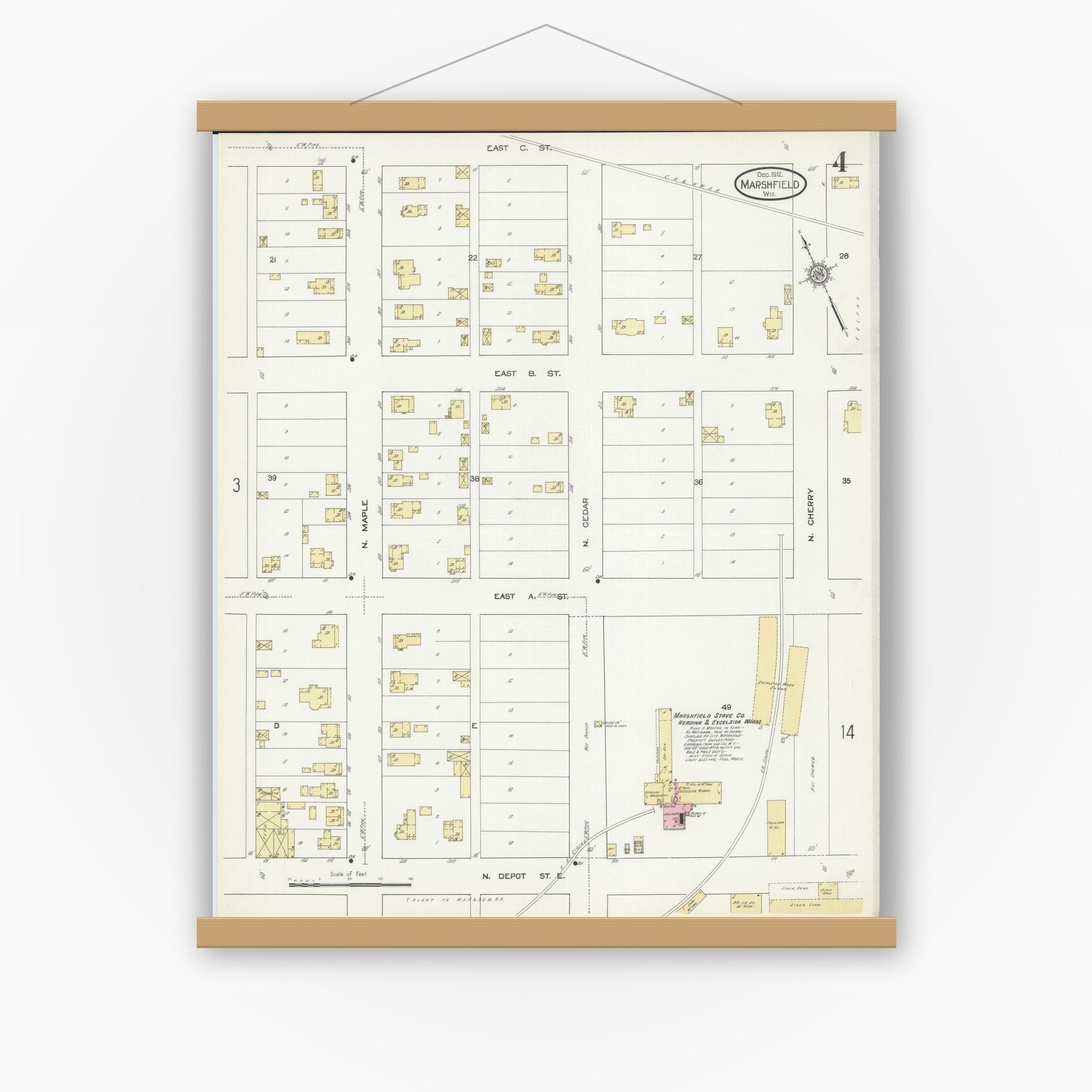 Old map wall art mockup — magnetic wood frame on white wall — Sanborn Fire Insurance Map from Marshfield, Wood County, Wisconsin (1912), Sheet #0004