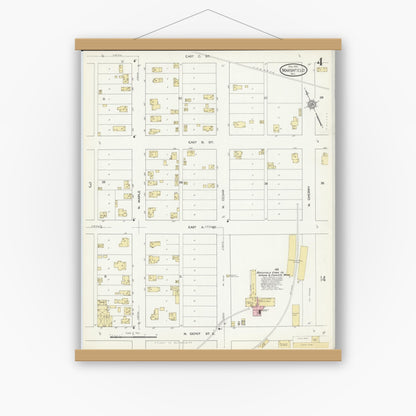 Old map wall art mockup — magnetic wood frame on white wall — Sanborn Fire Insurance Map from Marshfield, Wood County, Wisconsin (1912), Sheet #0004
