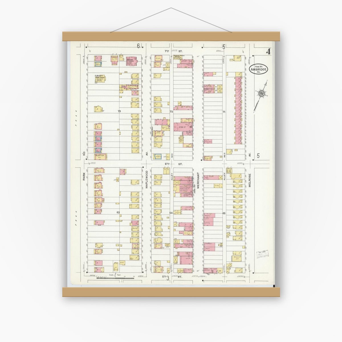 Old map wall art mockup — magnetic wood frame on white wall — Sanborn Fire Insurance Map from Ambridge, Beaver County, Pennsylvania (1911), Sheet #0004