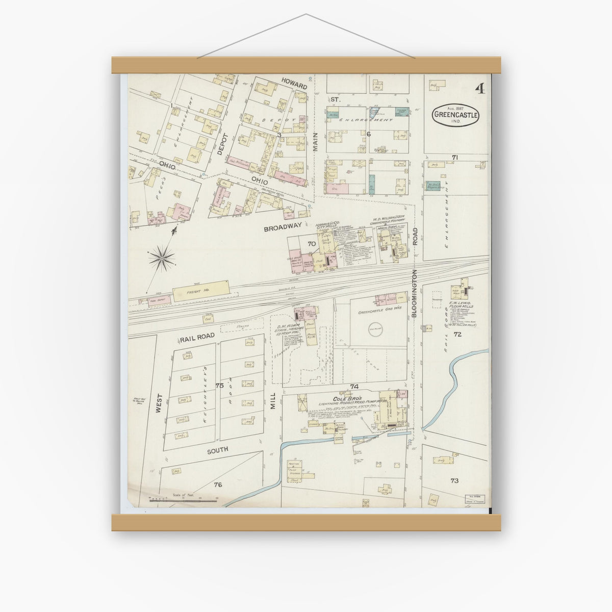 Old map wall art mockup — magnetic wood frame on white wall — Sanborn Fire Insurance Map from Greencastle, Putnam County, Indiana (1887), Sheet #0004