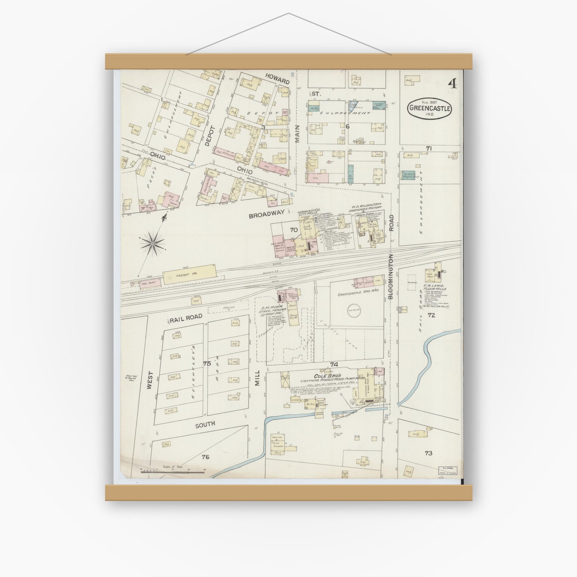 Old map wall art mockup — magnetic wood frame on white wall — Sanborn Fire Insurance Map from Greencastle, Putnam County, Indiana (1887), Sheet #0004