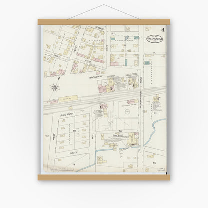 Old map wall art mockup — magnetic wood frame on white wall — Sanborn Fire Insurance Map from Greencastle, Putnam County, Indiana (1887), Sheet #0004