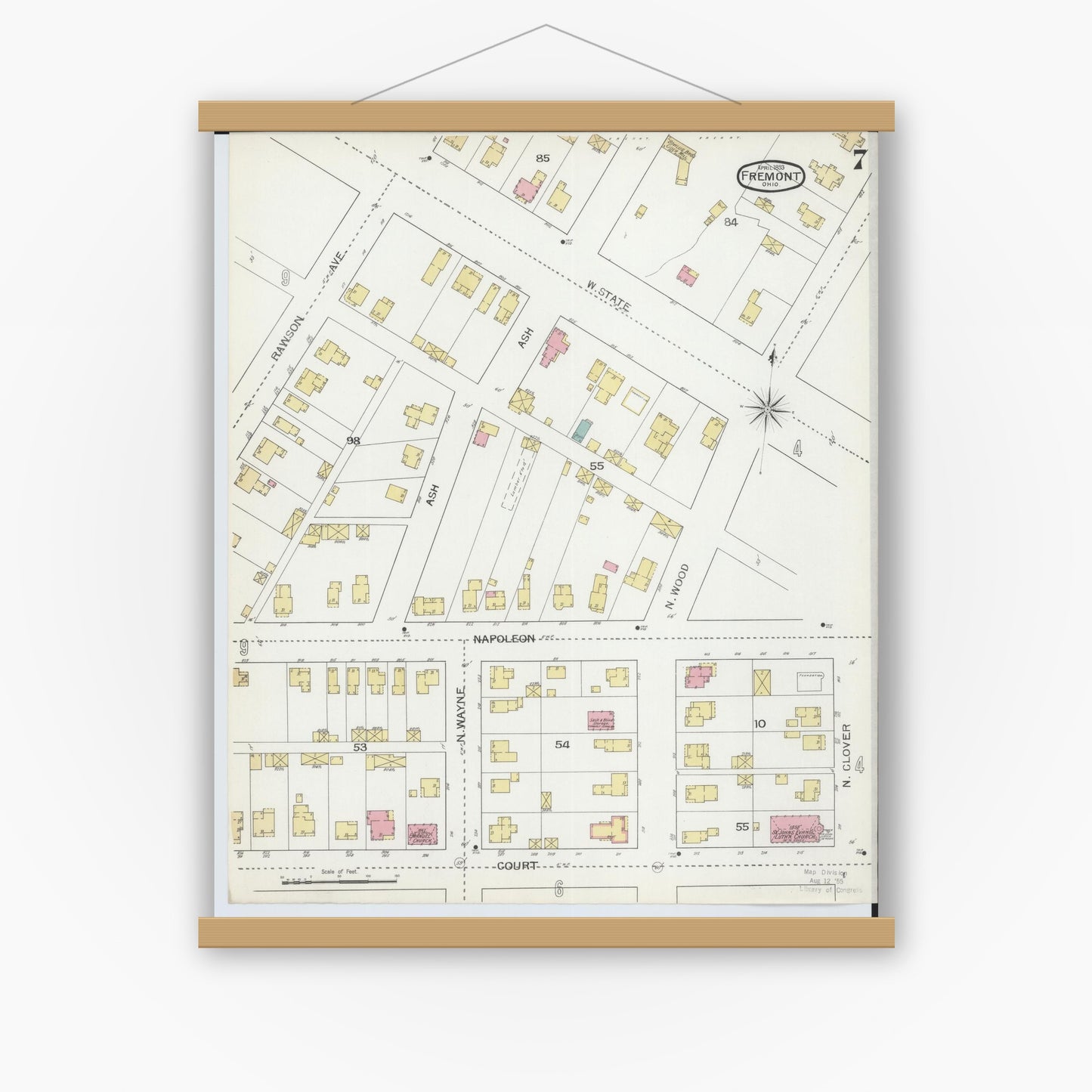 Old map wall art mockup — magnetic wood frame on white wall — Sanborn Fire Insurance Map from Fremont, Sandusky County, Ohio (1893), Sheet #0007