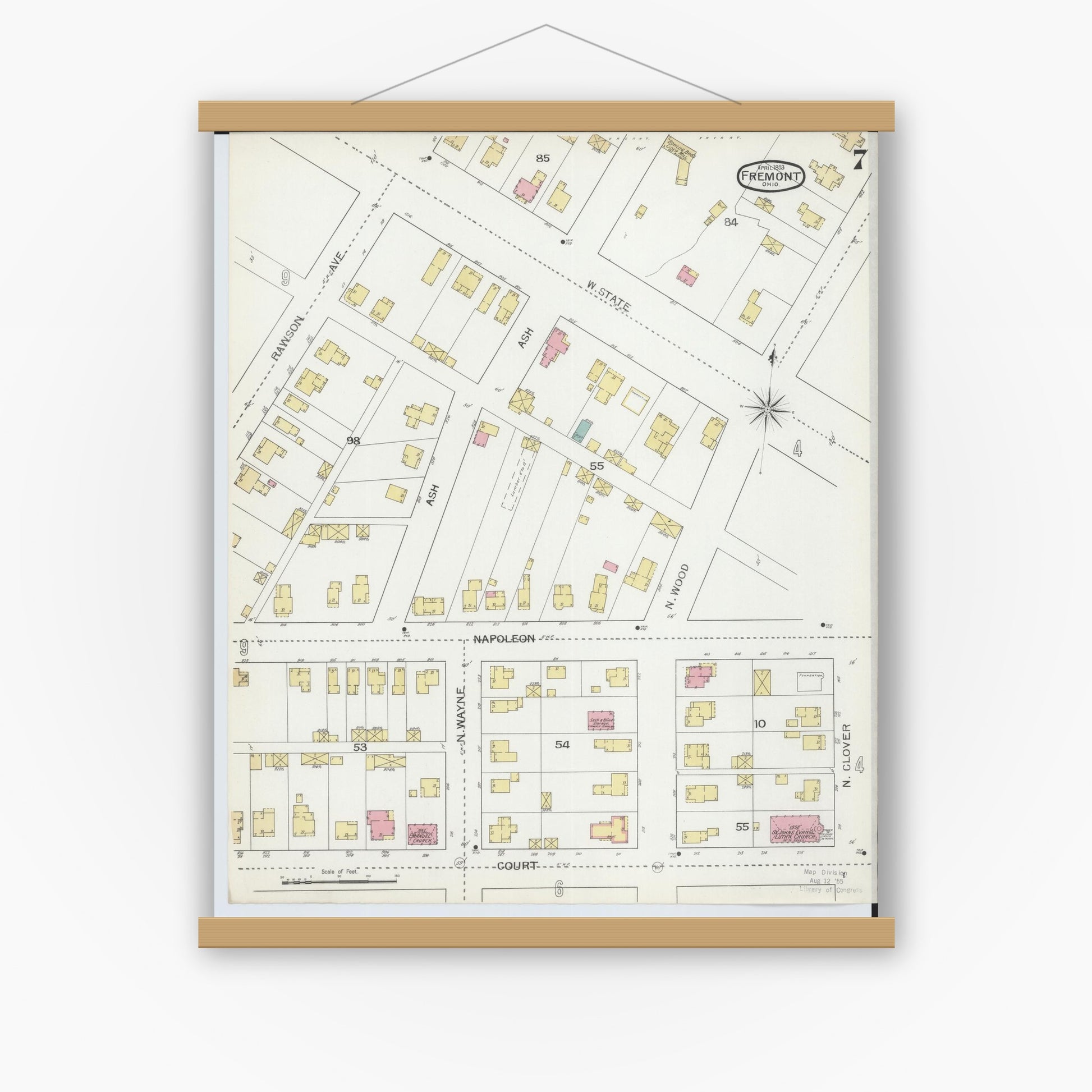 Old map wall art mockup — magnetic wood frame on white wall — Sanborn Fire Insurance Map from Fremont, Sandusky County, Ohio (1893), Sheet #0007