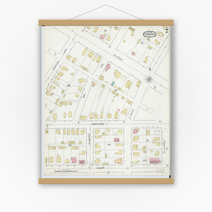 Old map wall art mockup — magnetic wood frame on white wall — Sanborn Fire Insurance Map from Fremont, Sandusky County, Ohio (1893), Sheet #0007