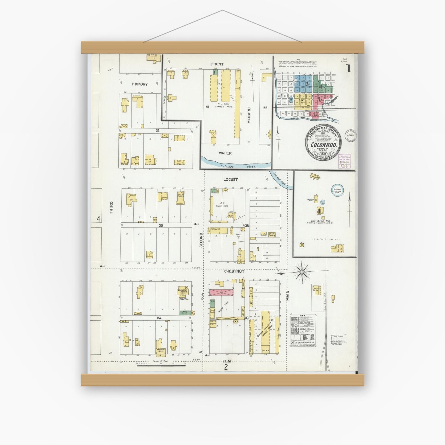 Old map wall art mockup — magnetic wood frame on white wall — Sanborn Fire Insurance Map from Colorado, Mitchell County, Texas (1902), Sheet #0001