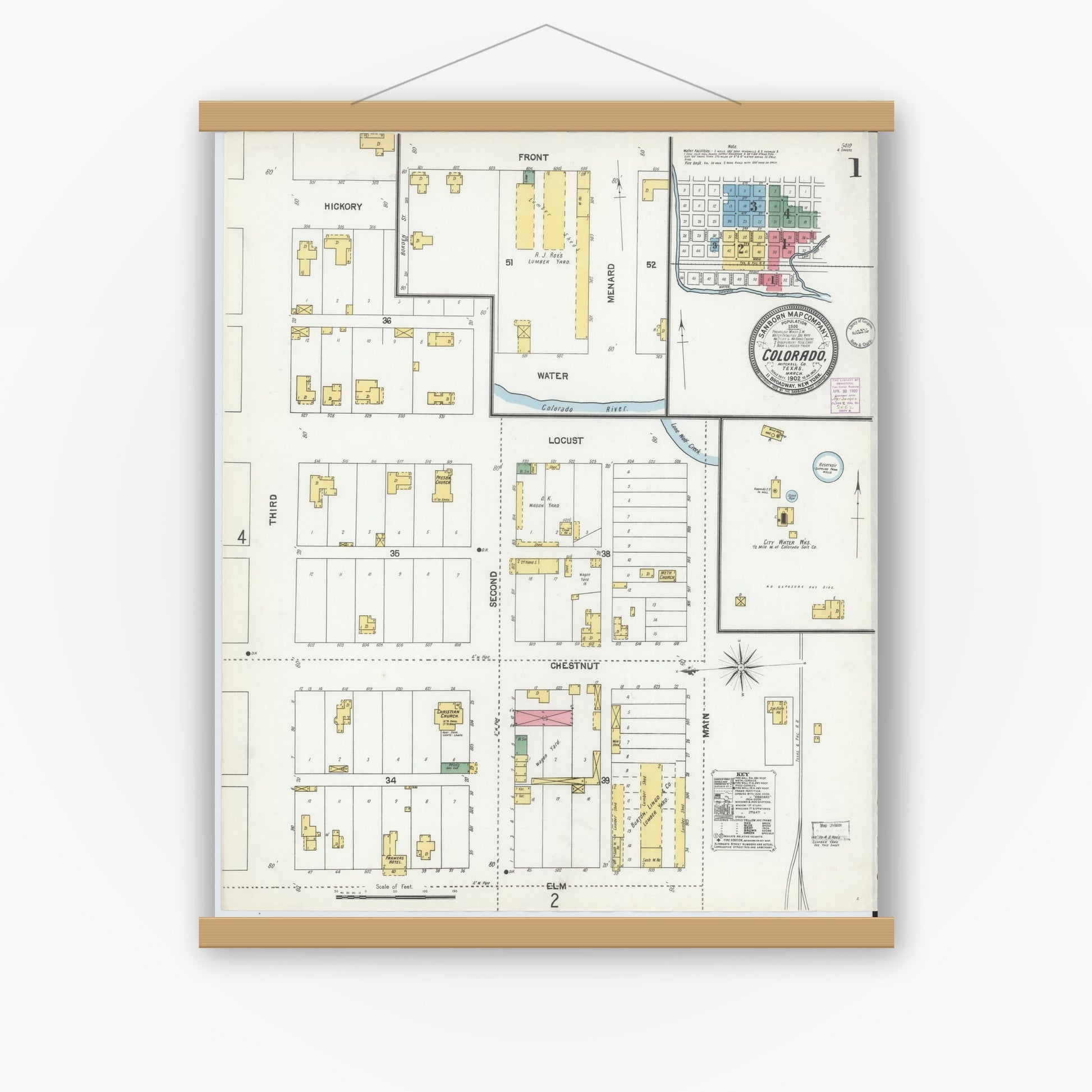 Old map wall art mockup — magnetic wood frame on white wall — Sanborn Fire Insurance Map from Colorado, Mitchell County, Texas (1902), Sheet #0001