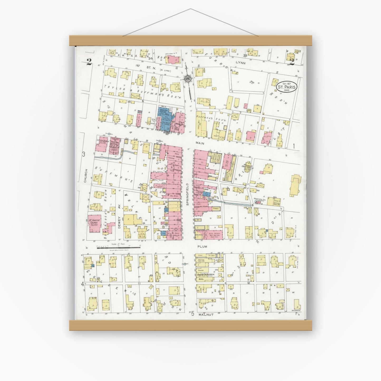 Old map wall art mockup — magnetic wood frame on white wall — Sanborn Fire Insurance Map from Saint Paris, Champaign County, Ohio (1927), Sheet #0002