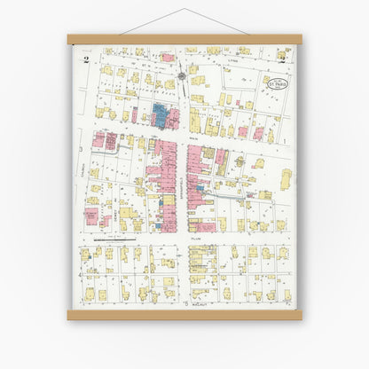Old map wall art mockup — magnetic wood frame on white wall — Sanborn Fire Insurance Map from Saint Paris, Champaign County, Ohio (1927), Sheet #0002