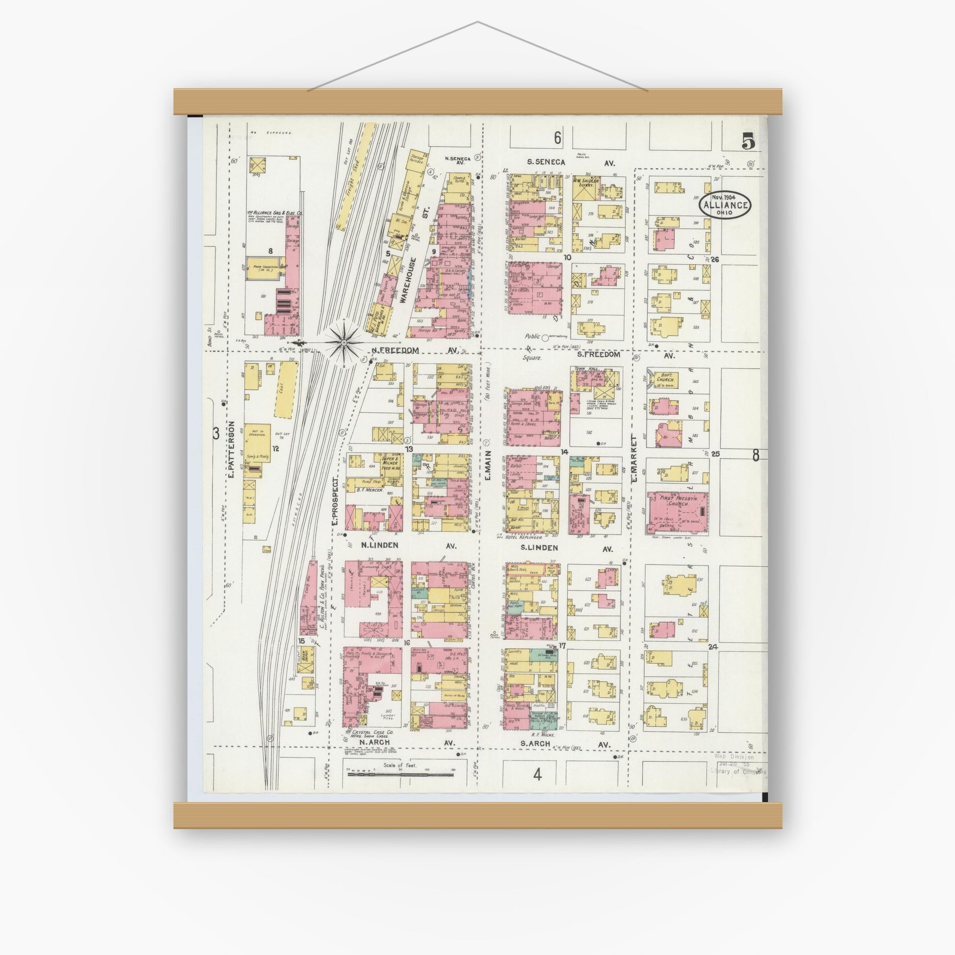 Old map wall art mockup — magnetic wood frame on white wall — Sanborn Fire Insurance Map from Alliance, Stark County, Ohio (1904), Sheet #0005