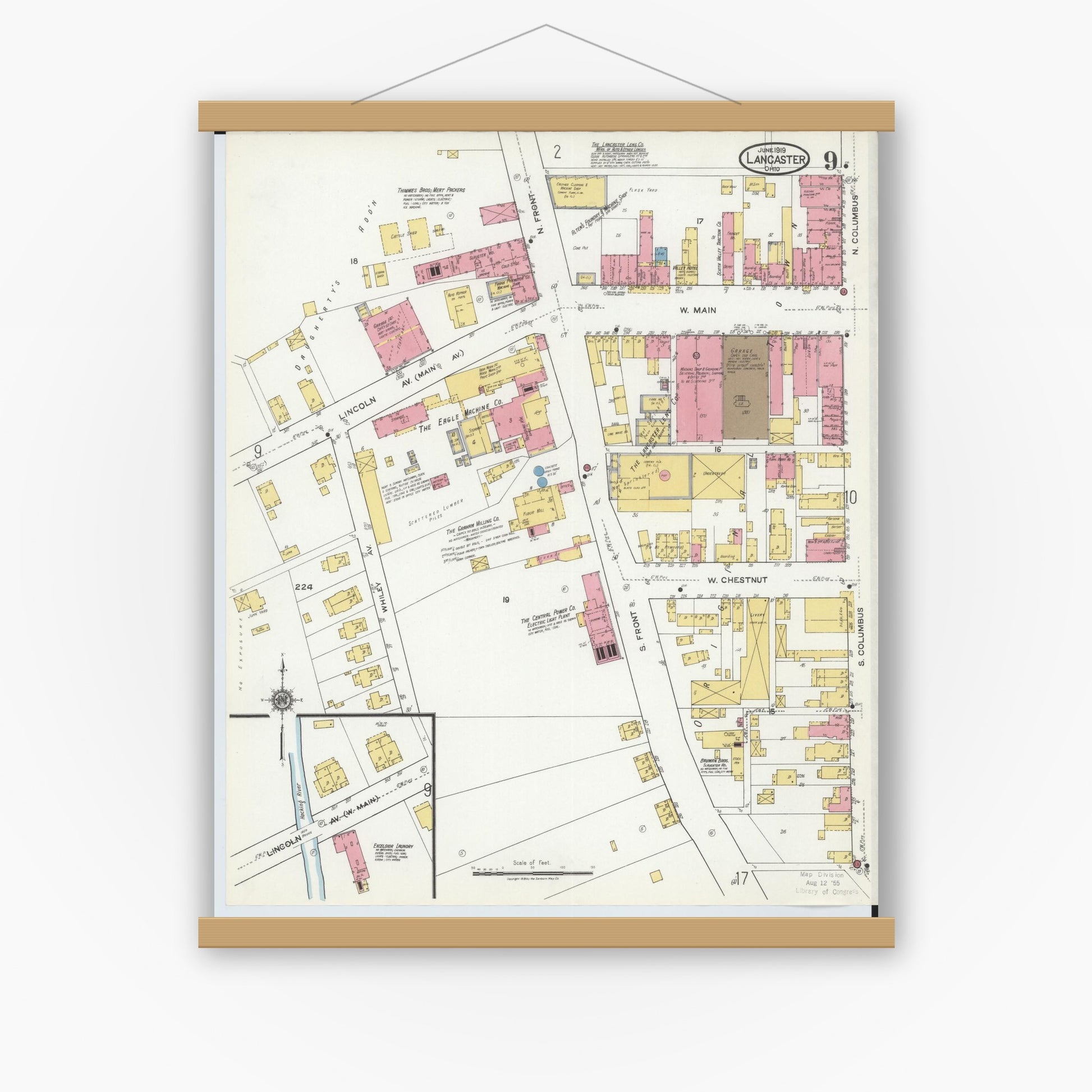Old map wall art mockup — magnetic wood frame on white wall — Sanborn Fire Insurance Map from Lancaster, Fairfield County, Ohio (1919), Sheet #0009