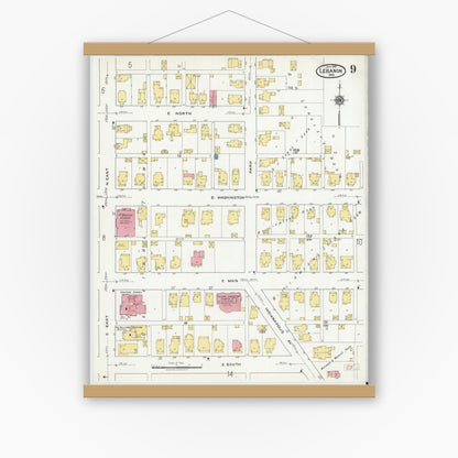 Old map wall art mockup — magnetic wood frame on white wall — Sanborn Fire Insurance Map from Lebanon, Boone County, Indiana (1919), Sheet #0009