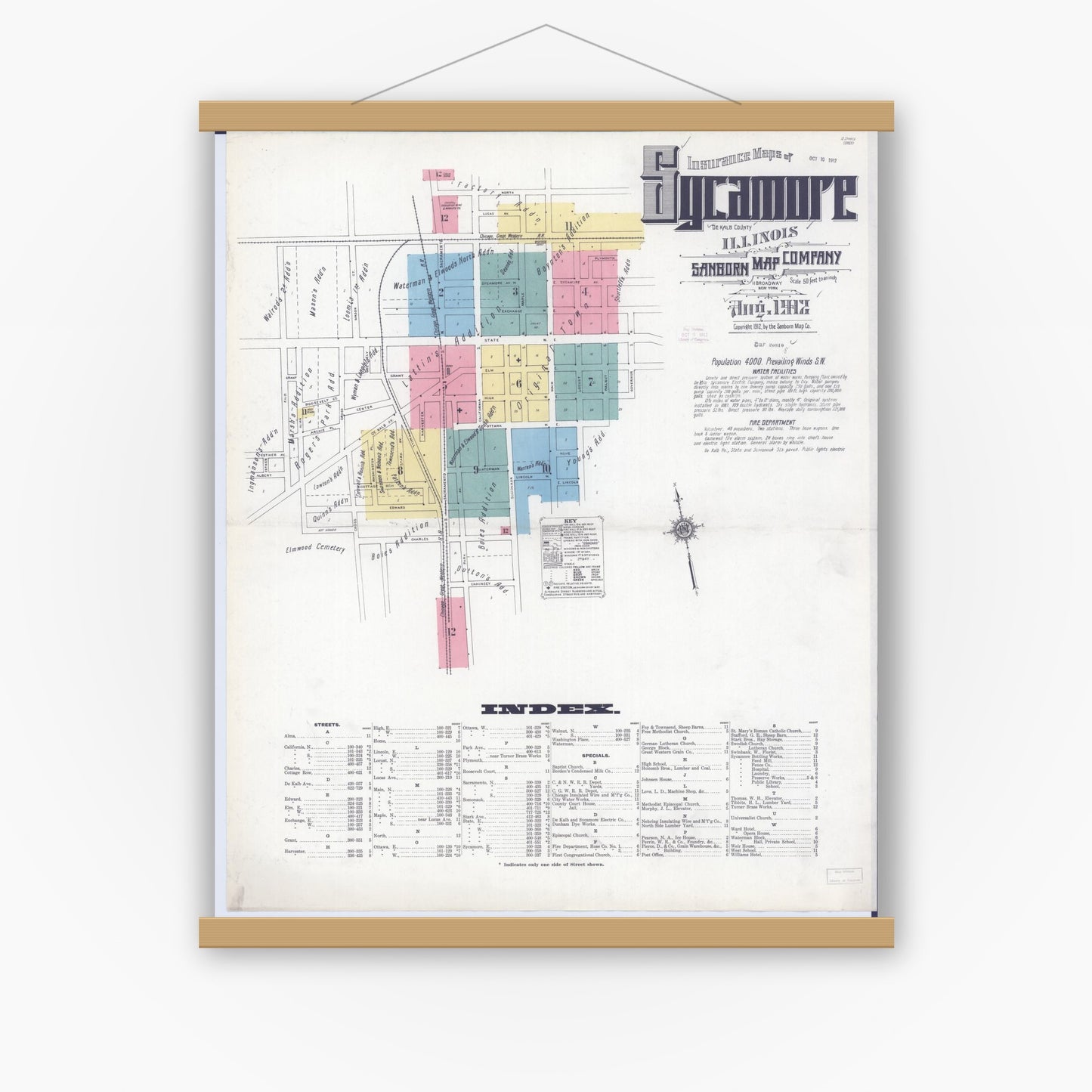 Old map wall art mockup — magnetic wood frame on white wall — Sanborn Fire Insurance Map from Sycamore, De Kalb County, Illinois (1912), Sheet #0001