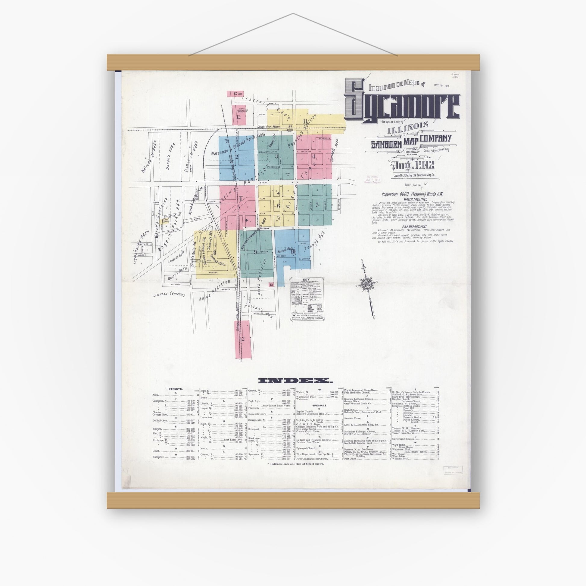 Old map wall art mockup — magnetic wood frame on white wall — Sanborn Fire Insurance Map from Sycamore, De Kalb County, Illinois (1912), Sheet #0001