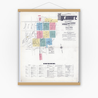 Old map wall art mockup — magnetic wood frame on white wall — Sanborn Fire Insurance Map from Sycamore, De Kalb County, Illinois (1912), Sheet #0001