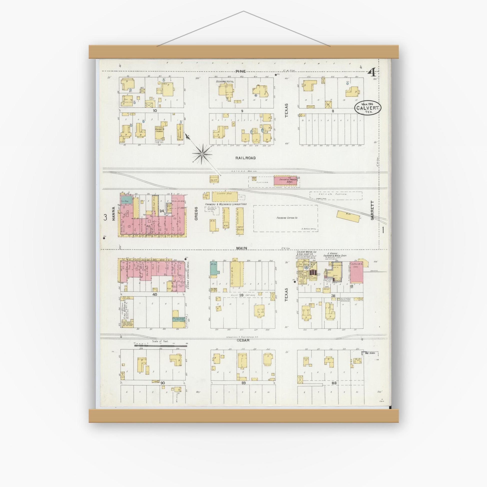 Old map wall art mockup — magnetic wood frame on white wall — Sanborn Fire Insurance Map from Calvert, Robertson County, Texas (1906), Sheet #0004