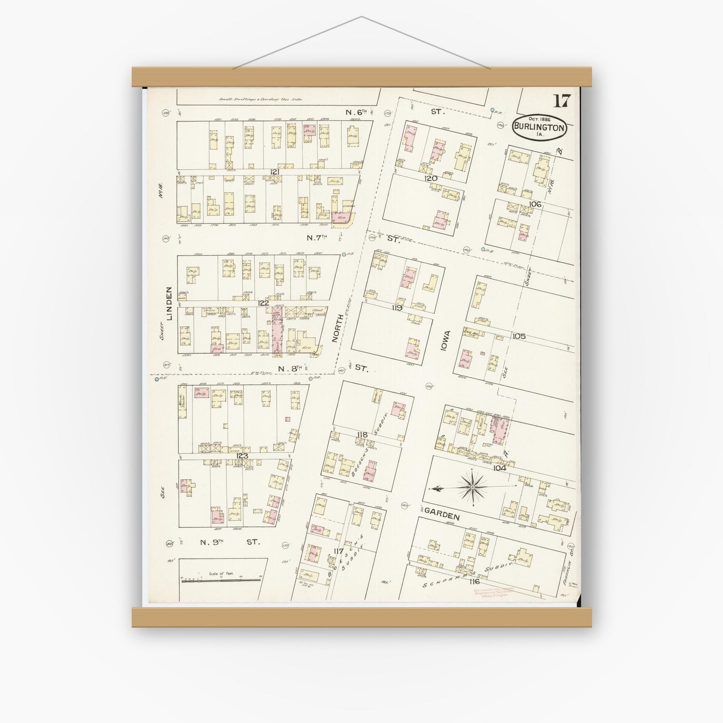 Old map wall art mockup — magnetic wood frame on white wall — Sanborn Fire Insurance Map from Burlington, Des Moines County, Iowa (1888), Sheet #0017