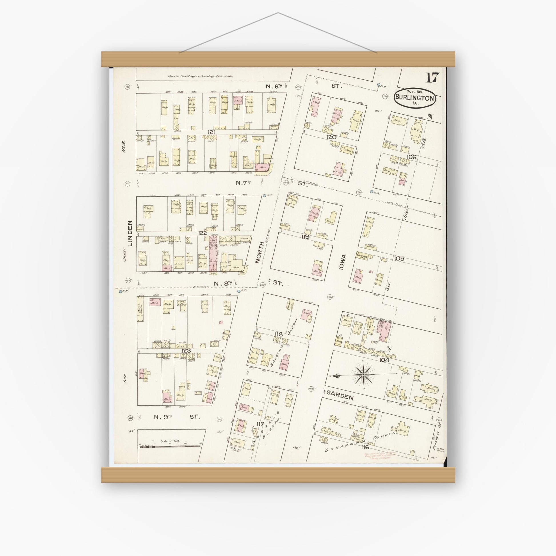 Old map wall art mockup — magnetic wood frame on white wall — Sanborn Fire Insurance Map from Burlington, Des Moines County, Iowa (1888), Sheet #0017
