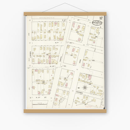 Old map wall art mockup — magnetic wood frame on white wall — Sanborn Fire Insurance Map from Burlington, Des Moines County, Iowa (1888), Sheet #0017