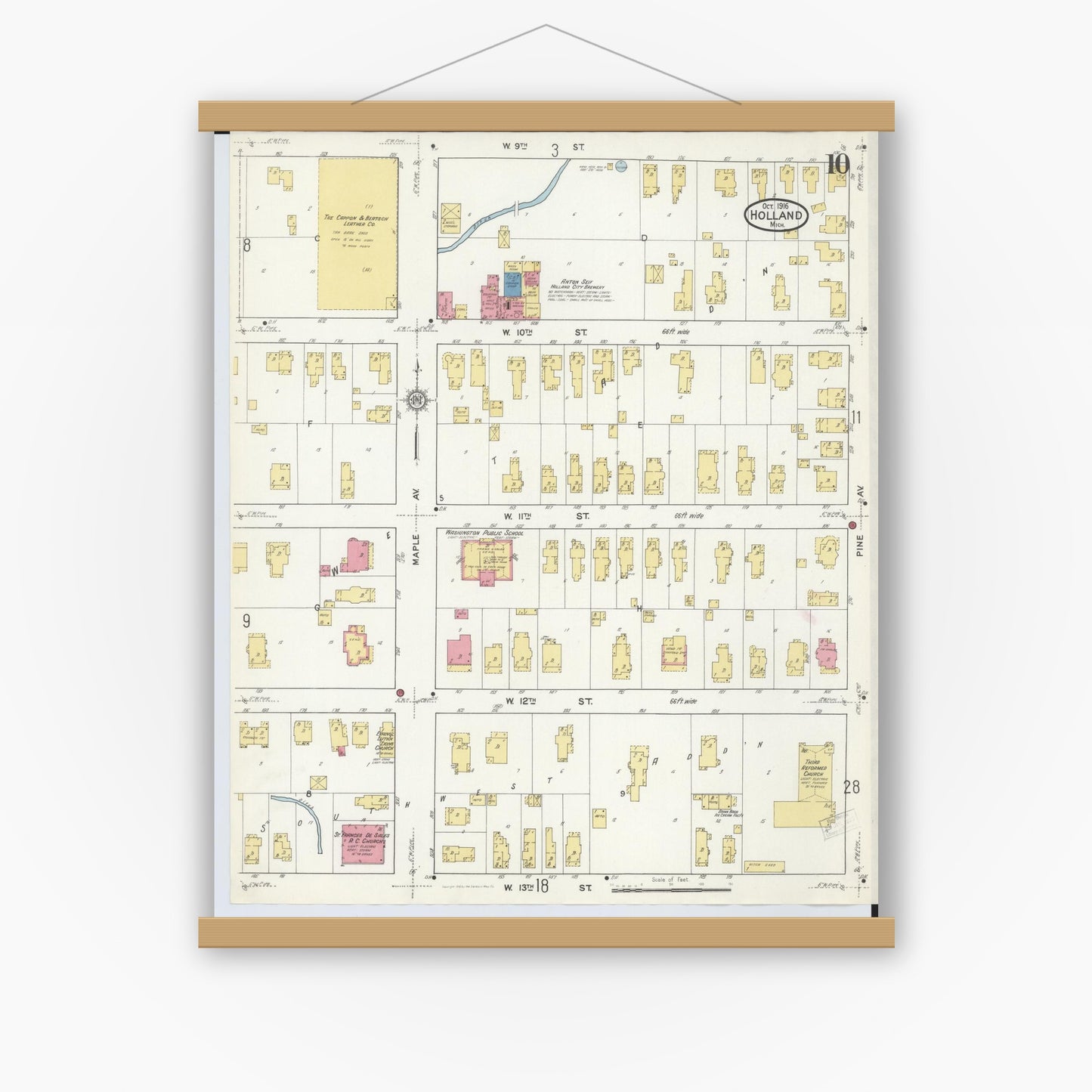 Old map wall art mockup — magnetic wood frame on white wall — Sanborn Fire Insurance Map from Holland, Ottawa County, Michigan (1916), Sheet #0010