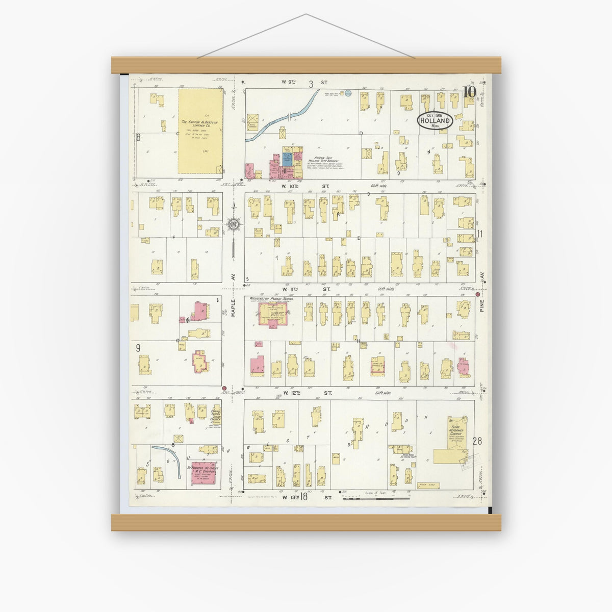 Old map wall art mockup — magnetic wood frame on white wall — Sanborn Fire Insurance Map from Holland, Ottawa County, Michigan (1916), Sheet #0010