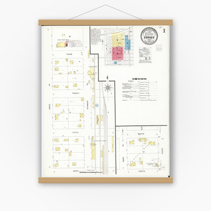 Old map wall art mockup — magnetic wood frame on white wall — Sanborn Fire Insurance Map from Garner, Hancock County, Iowa (1907) â€” Complete Set
