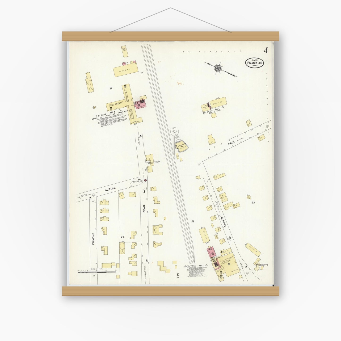 Old map wall art mockup — magnetic wood frame on white wall — Sanborn Fire Insurance Map from Franklin, Norfolk County, Massachusetts (1911), Sheet #0004