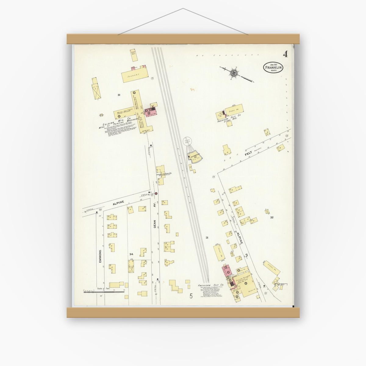 Old map wall art mockup — magnetic wood frame on white wall — Sanborn Fire Insurance Map from Franklin, Norfolk County, Massachusetts (1911), Sheet #0004