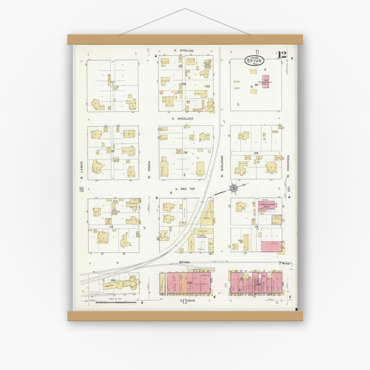 Old map wall art mockup — magnetic wood frame on white wall — Sanborn Fire Insurance Map from Bryan, Brazos County, Texas (1912), Sheet #0012