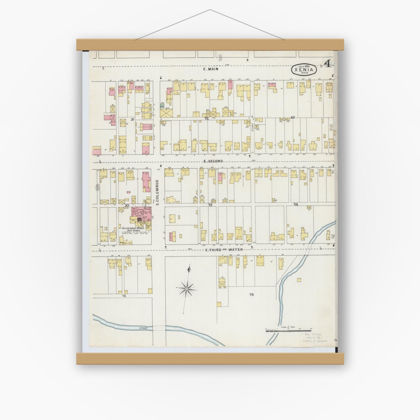 Old map wall art mockup — magnetic wood frame on white wall — Sanborn Fire Insurance Map from Xenia, Greene County, Ohio (1895), Sheet #0004