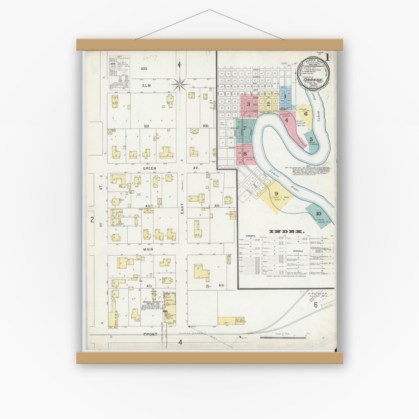 Old map wall art mockup — magnetic wood frame on white wall — Sanborn Fire Insurance Map from Orange, Orange County, Texas (1896) - Complete Map Set