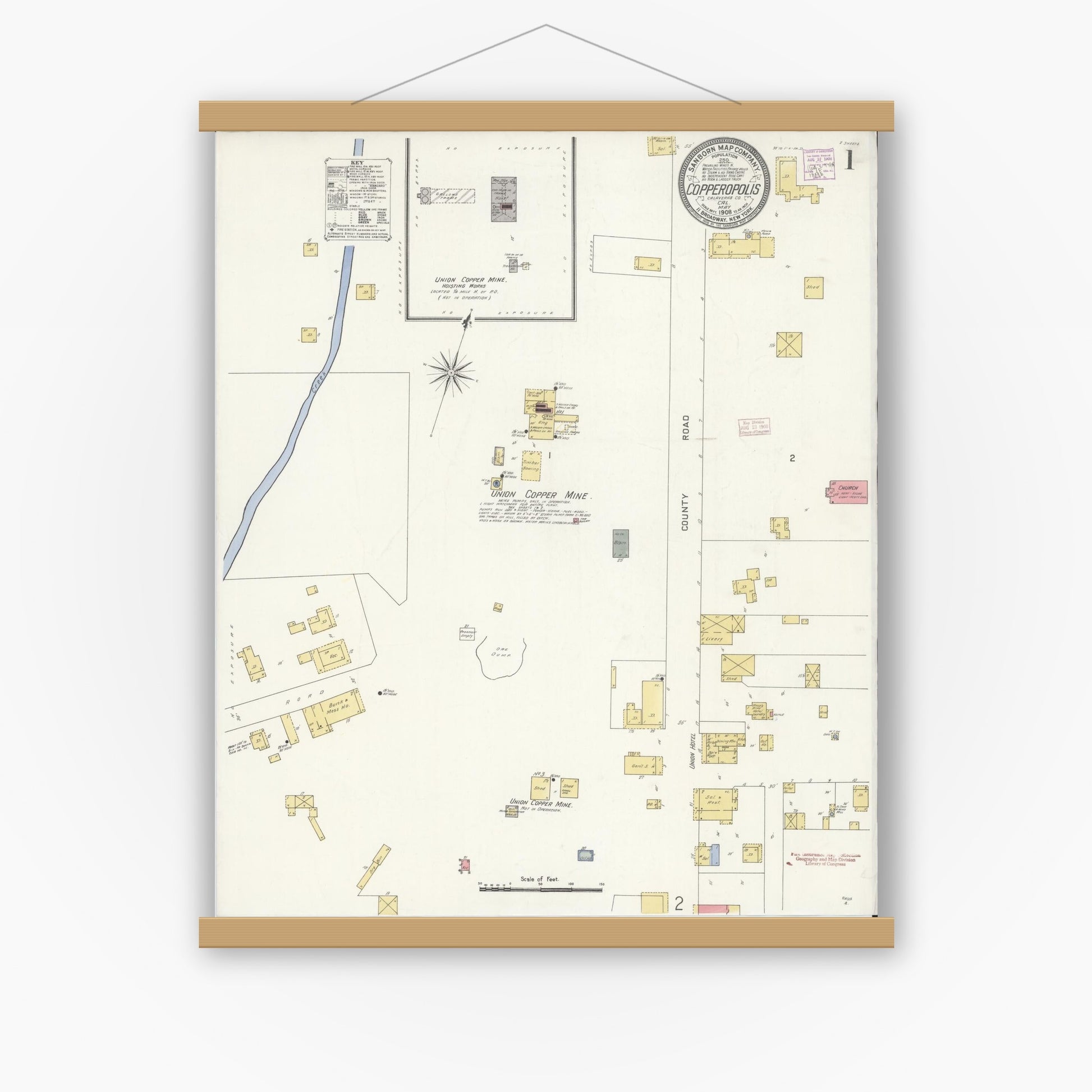 Old map wall art mockup — magnetic wood frame on white wall — Sanborn Fire Insurance Map from Copperopolis, Calaveras County, California (1908), Sheet #0001